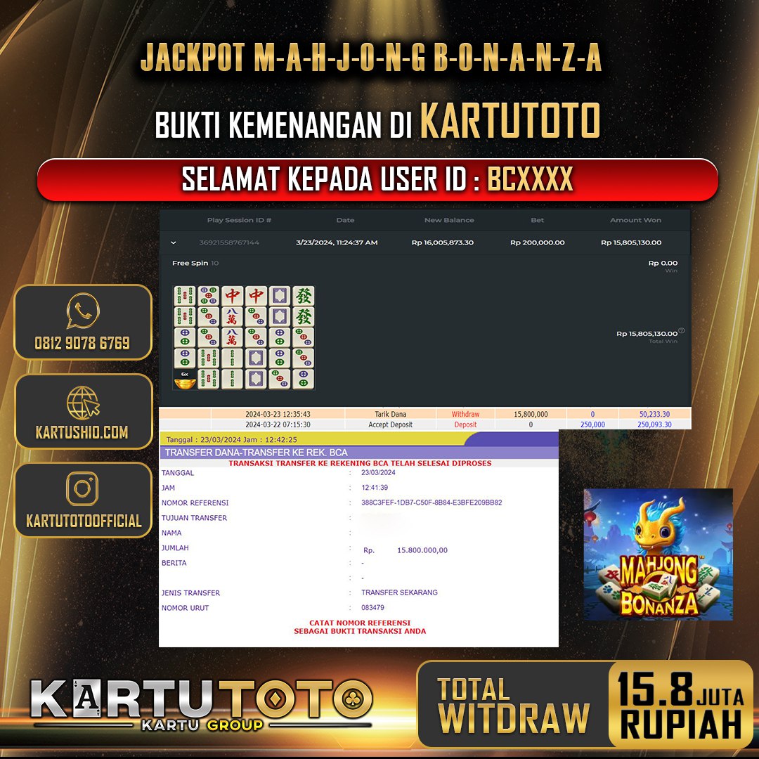 KARTUTOTO JACKPOT SLOT MAHJONG BONANZA Rp. 15.800.000,- LUNAS