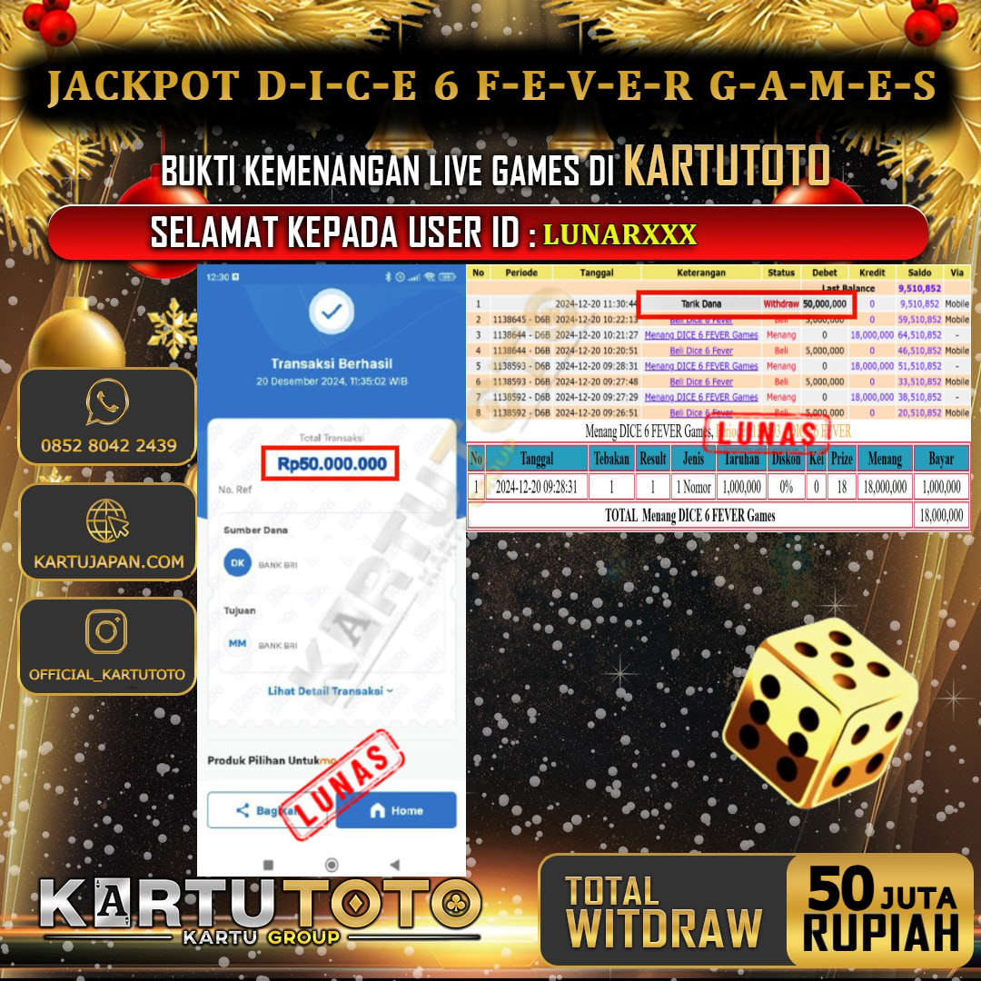 KARTUTOTO JACKPOT LIVE GAME DICE 6 FEVER GAMES Rp. 50.000.000,- LUNAS USER ID : LUNAR***