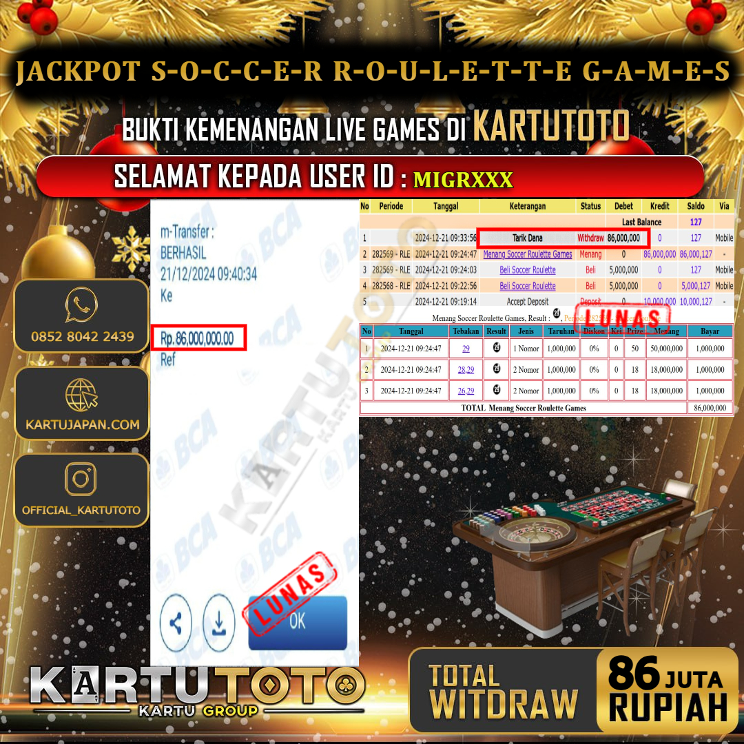 KARTUTOTO JACKPOT LIVE GAME SOCCER ROULETTE GAMES Rp. 86.000.000,- LUNAS USER ID : MIGR***