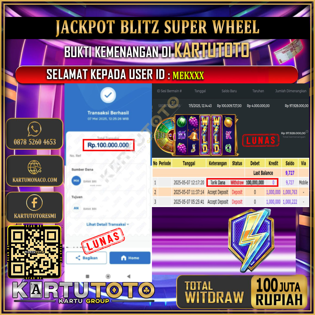 KARTUTOTO JACKPOT SLOT BLITZ SUPER WHEEL Rp.100.000.000,- LUNAS USER ID : MEK***