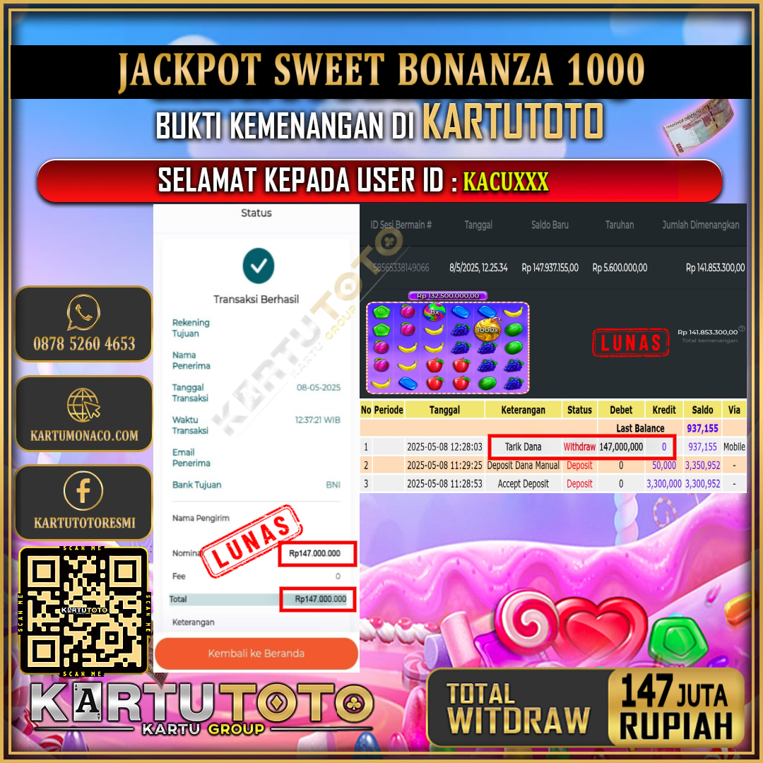 KARTUTOTO JACKPOT SLOT SWEET BONANZA 1000 Rp.147.000.000,- LUNAS USER ID : KACU***