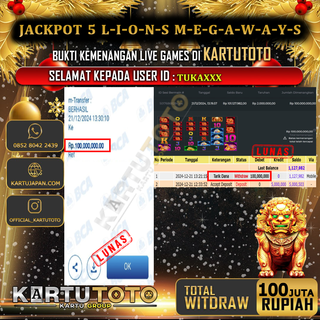 KARTUTOTO JACKPOT SLOT 5 LIONS MEGAWAYS Rp. 100.000.000,- LUNAS USER ID : TUKA***