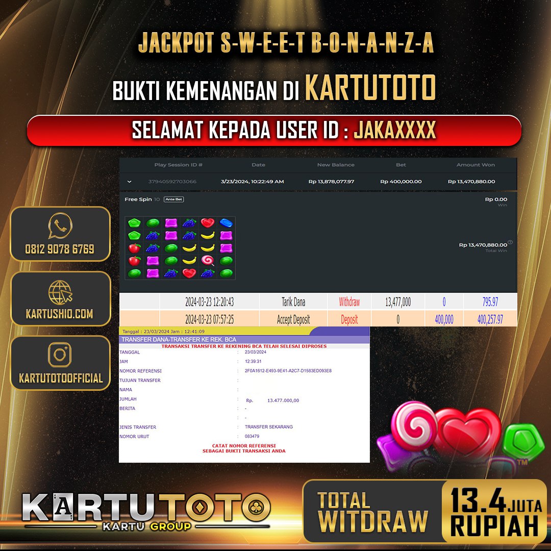 KARTUTOTO JACKPOT SLOT SWEET BONANZA Rp. 13.400.000,- LUNAS