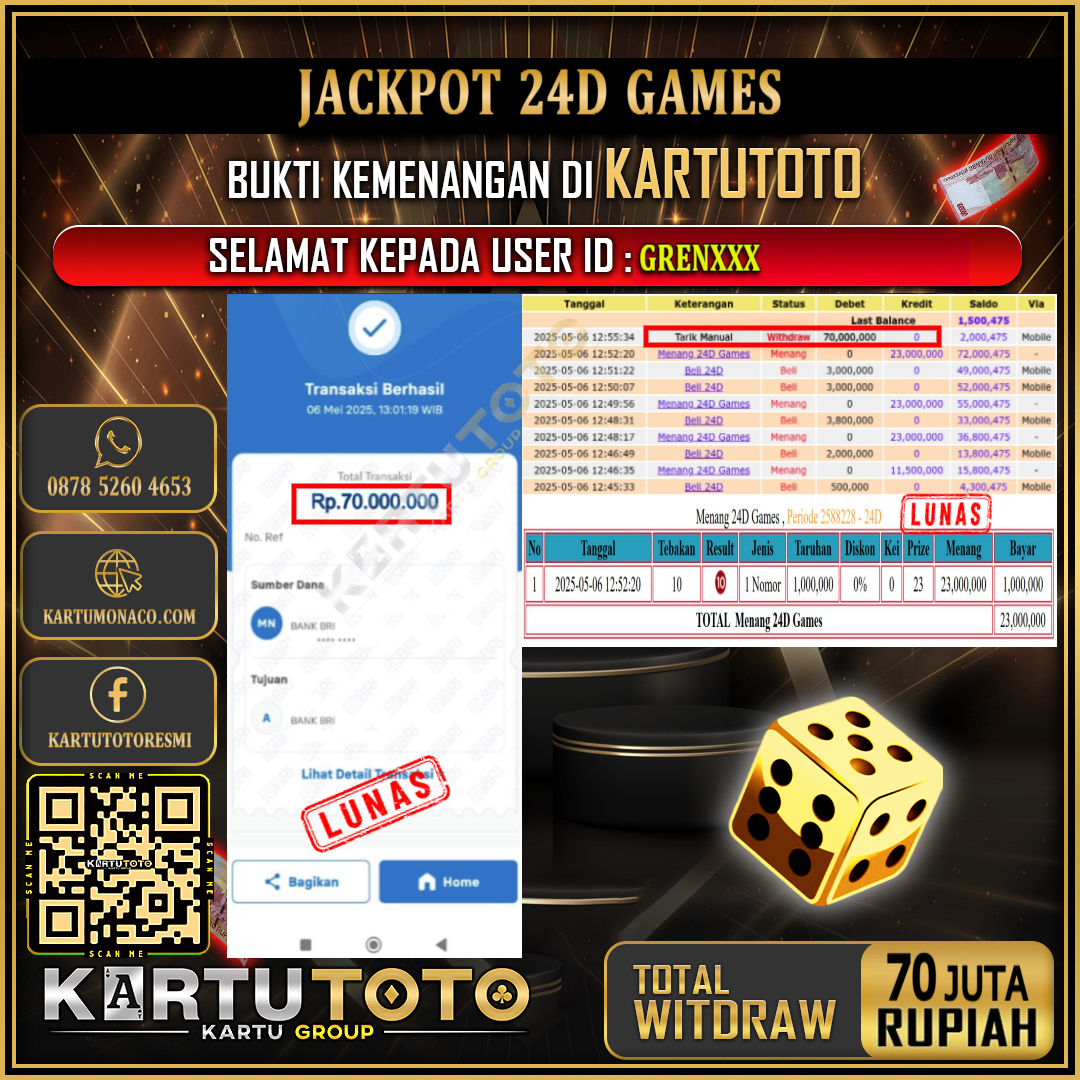 KARTUTOTO JACKPOT LIVE GAME 24D GAMES Rp.70.000.000,- LUNAS USER ID : GREN***