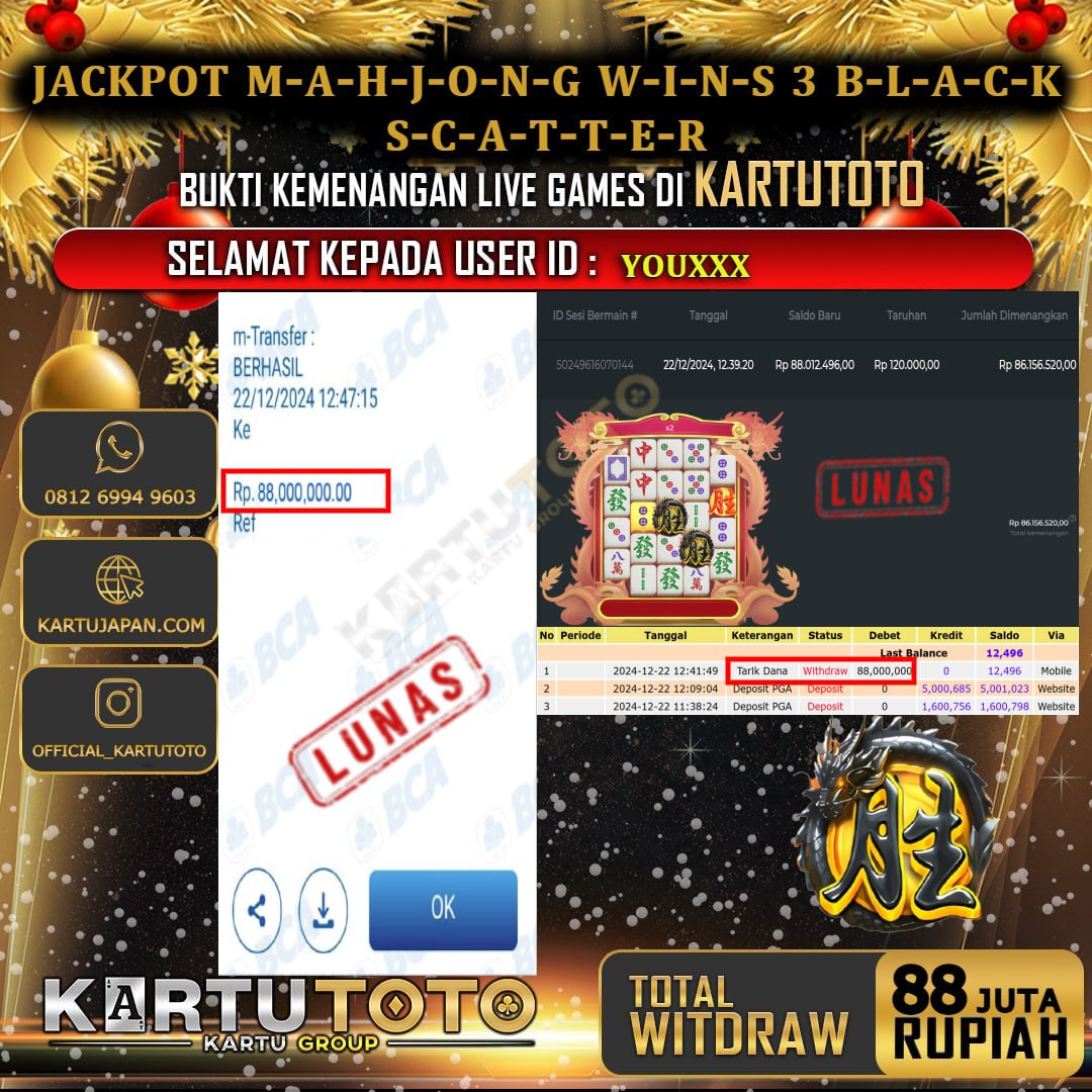 KARTUTOTO JACKPOT SLOT MAHJONG WINS 3 BLACK SCATTER Rp. 88.000.000,- LUNAS USER ID : YOU***