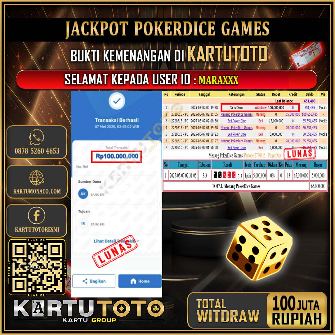 KARTUTOTO JACKPOT LIVE GAME POKERDICE GAMES Rp.100.000.000,- LUNAS USER ID : MARA***