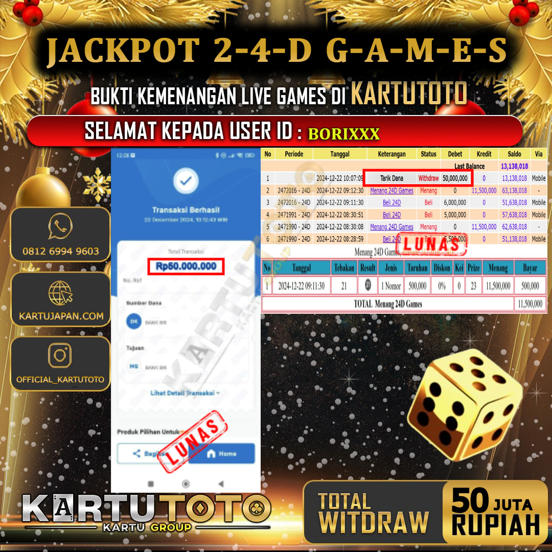 KARTUTOTO JACKPOT LIVE GAME 24D GAMES Rp. 50.000.000,- LUNAS USER ID : BORI***