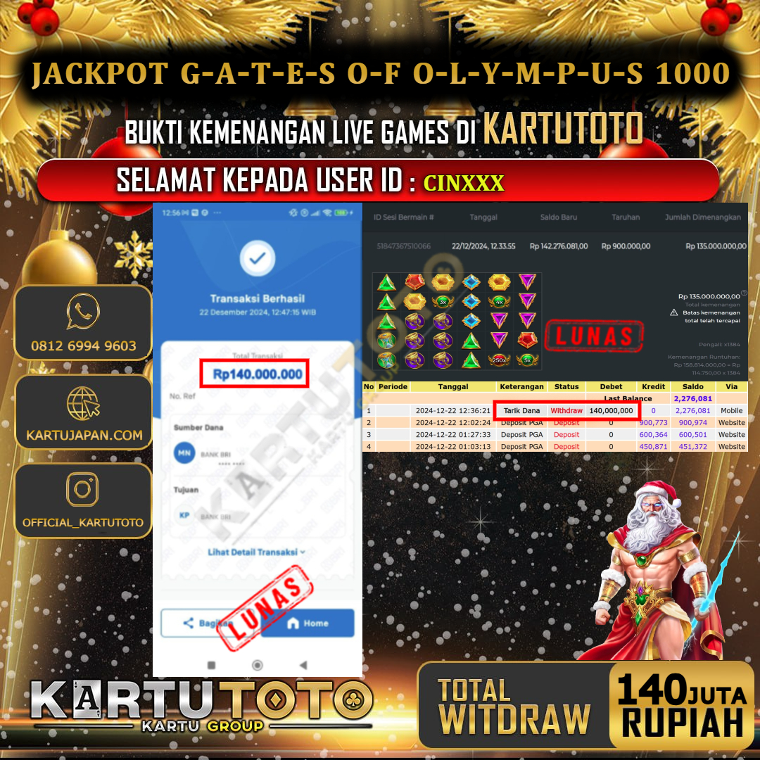 KARTUTOTO JACKPOT SLOT GATES OF OLYMPUS 1000 Rp. 140.000.000,- LUNAS USER ID : CIN***