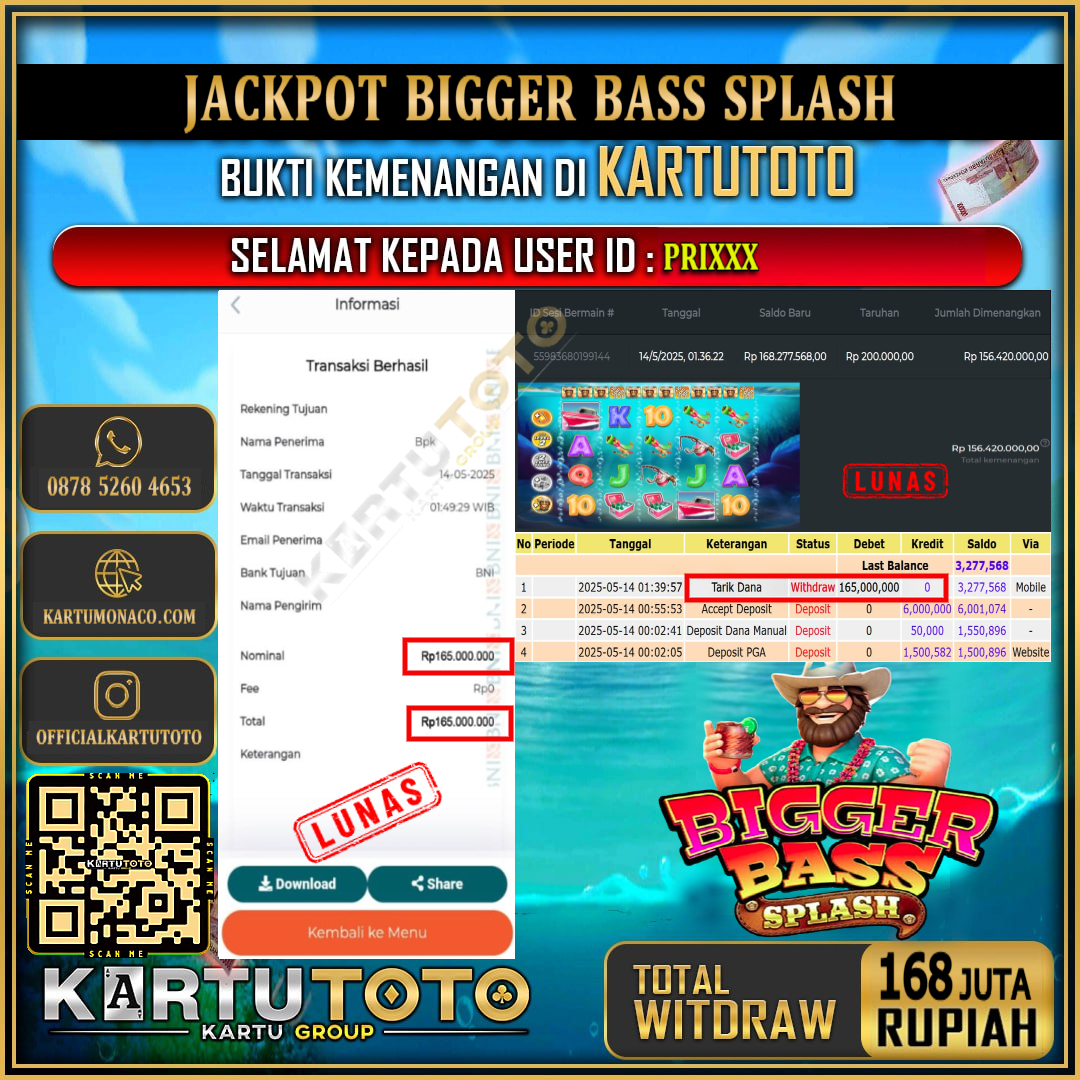 KARTUTOTO JACKPOT SLOT BIGGER BASS SPLASH Rp.168.000.000,- LUNAS USER ID : PRI***