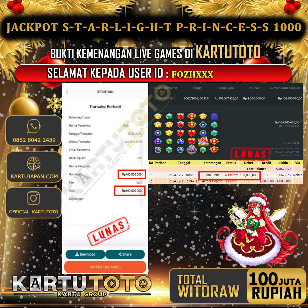 KARTUTOTO JACKPOT SLOT STARLIGHT PRINCESS 1000 Rp. 100.000.000,- LUNAS USER ID :  FOZH***