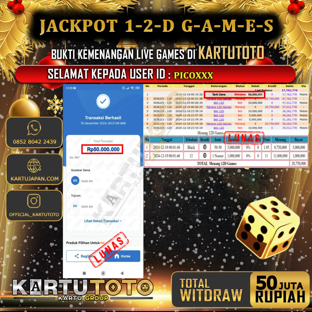 KARTUTOTO JACKPOT LIVE GAME 12D GAMES Rp. 50.000.000,- LUNAS USER ID :  PICO***