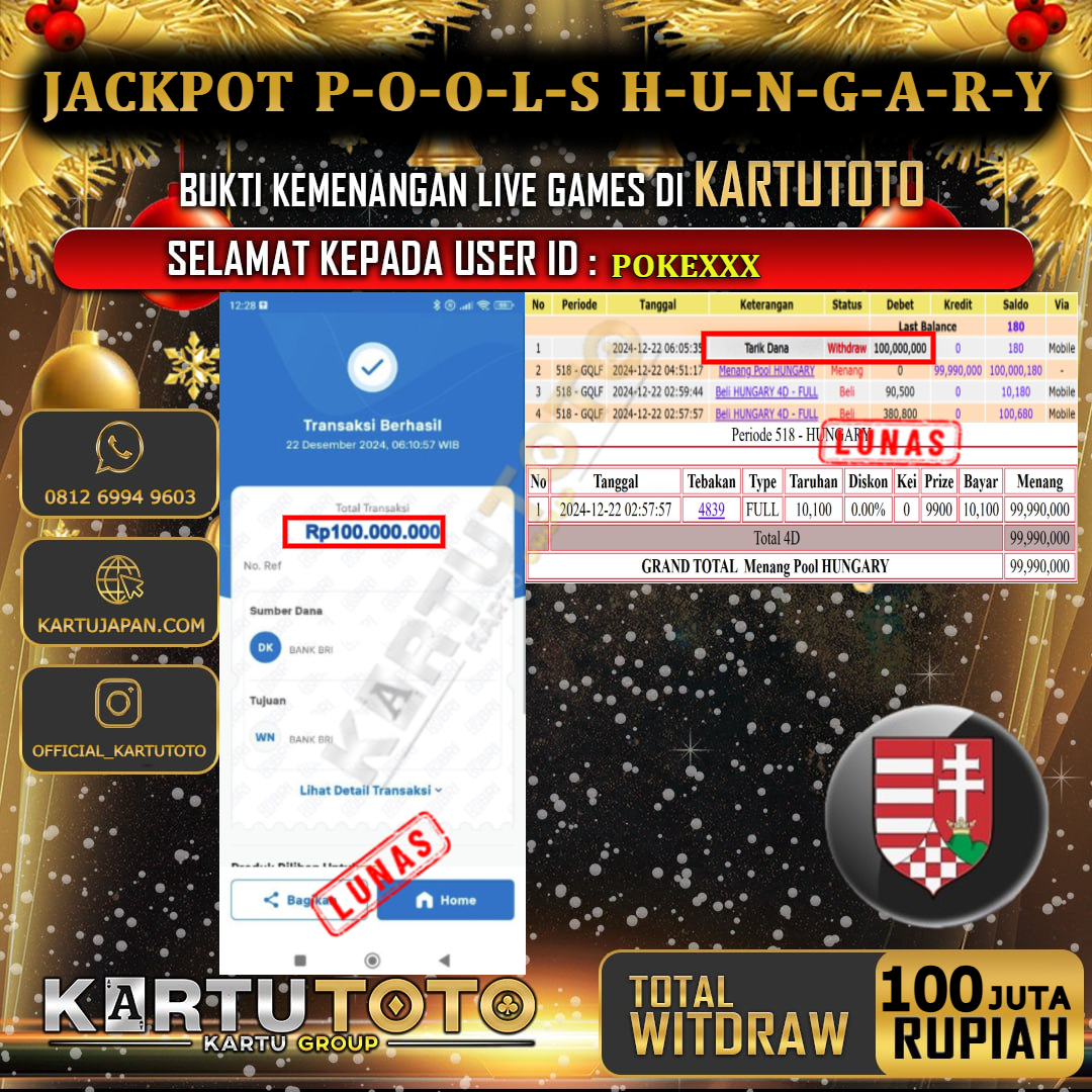 KARTUTOTO JACKPOT TOGEL HUNGARY Rp. 100.000.000,- LUNAS USER ID : POKE***