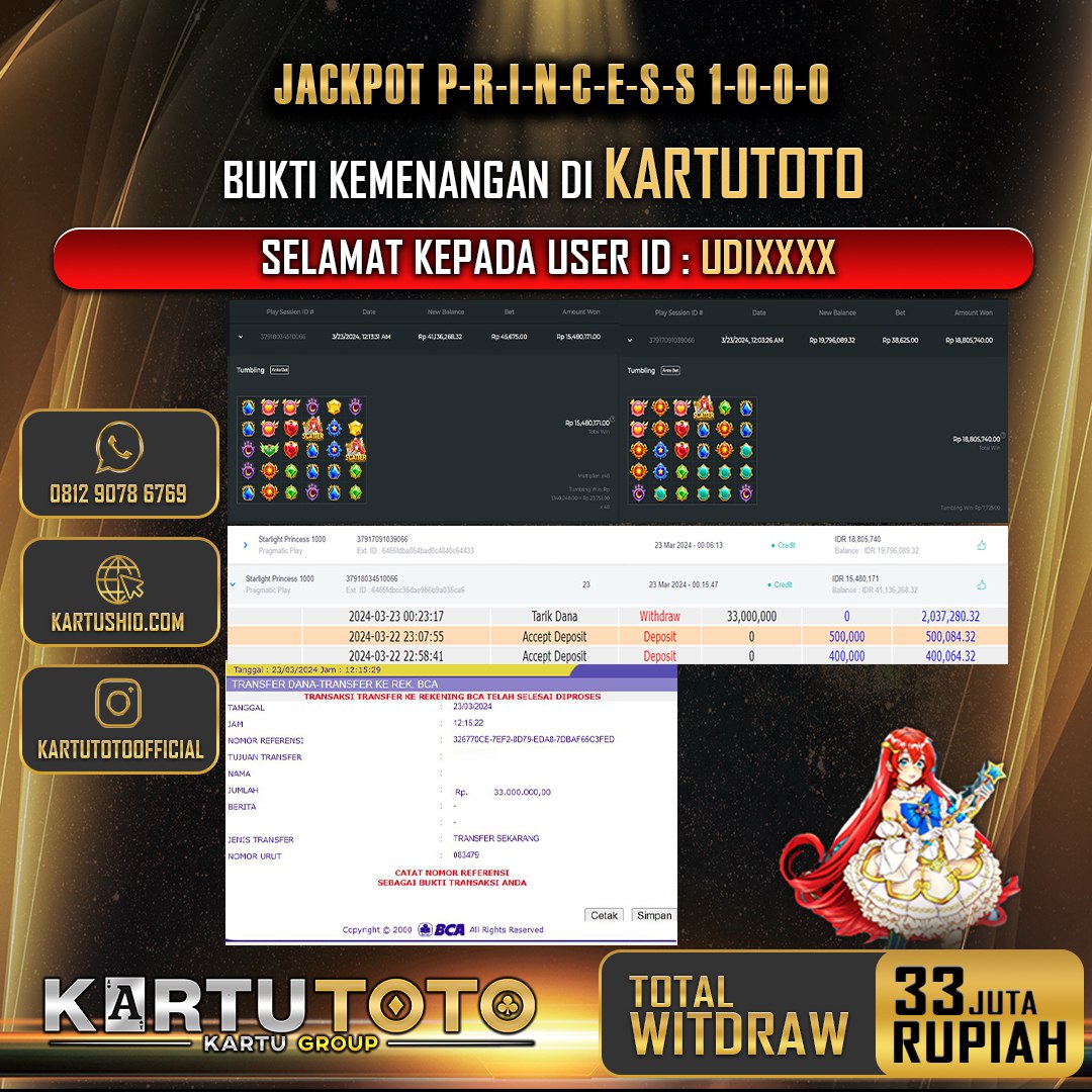 KARTUTOTO JACKPOT SLOT STARLIGHT PRINCESS 1000 Rp. 33.000.000,-  LUNAS