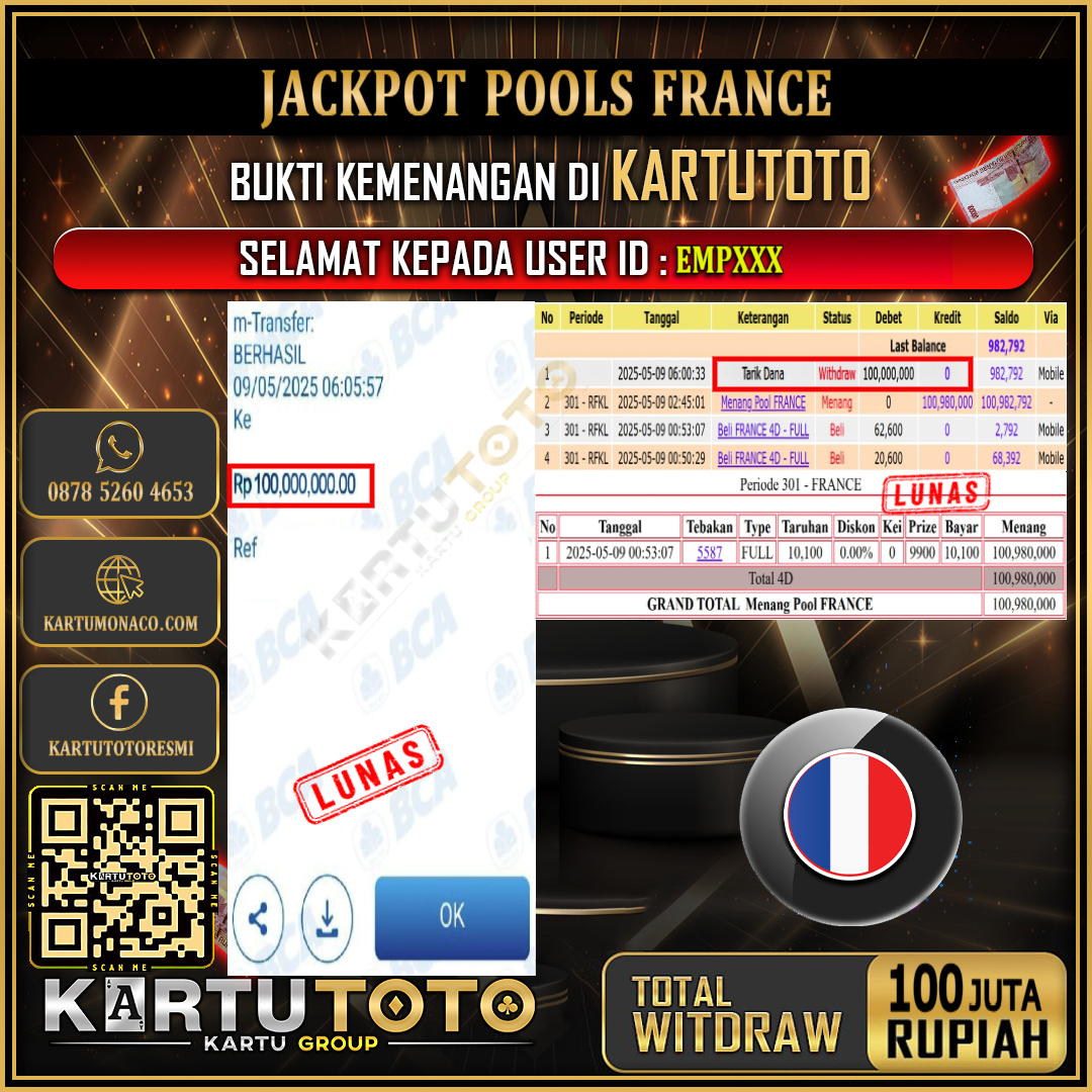 KARTUTOTO JACKPOT TOGEL FRANCE Rp.100.000.000,- LUNAS USER ID : EMP***