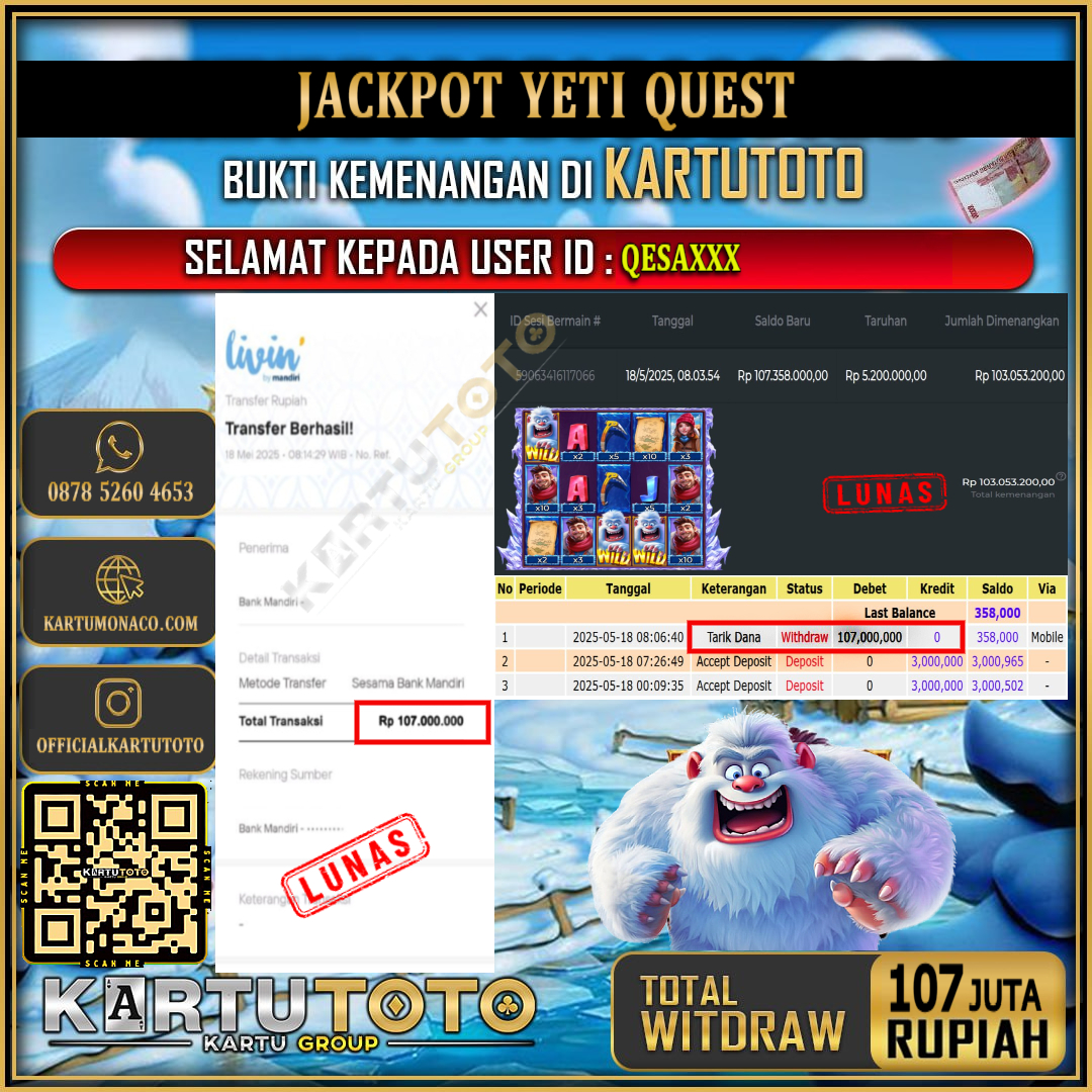 KARTUTOTO JACKPOT SLOT YETI QUEST Rp.107.000.000,- LUNAS USER ID : QESA***