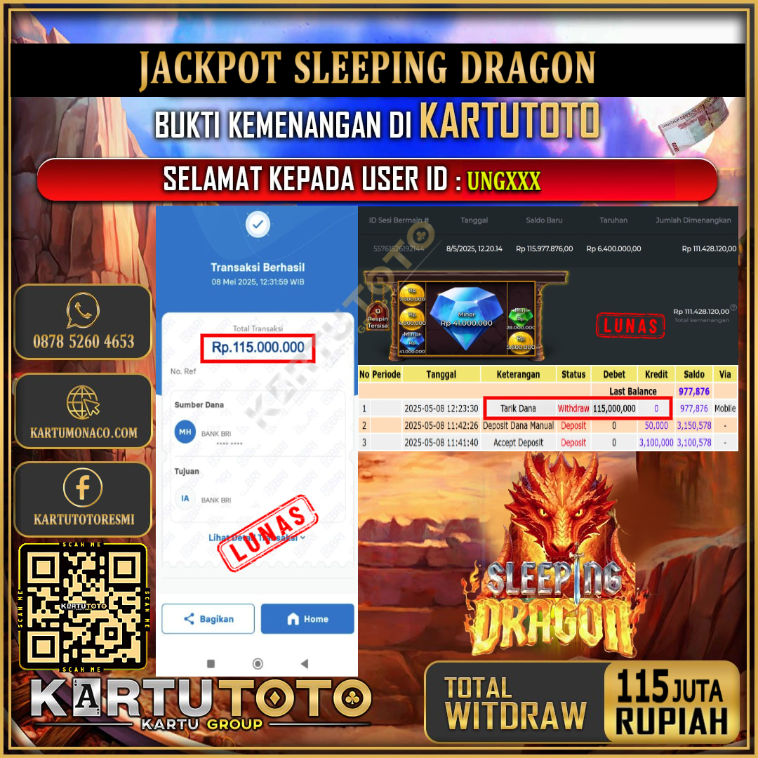 KARTUTOTO JACKPOT SLOT SLEEPING DRAGON Rp.115.000.000,- LUNAS USER ID : UNG***
