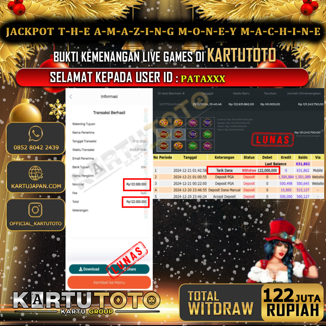 KARTUTOTO JACKPOT SLOT THE AMAZING MONEY MACHINE Rp. 122.000.000,- LUNAS USER ID : PATA***