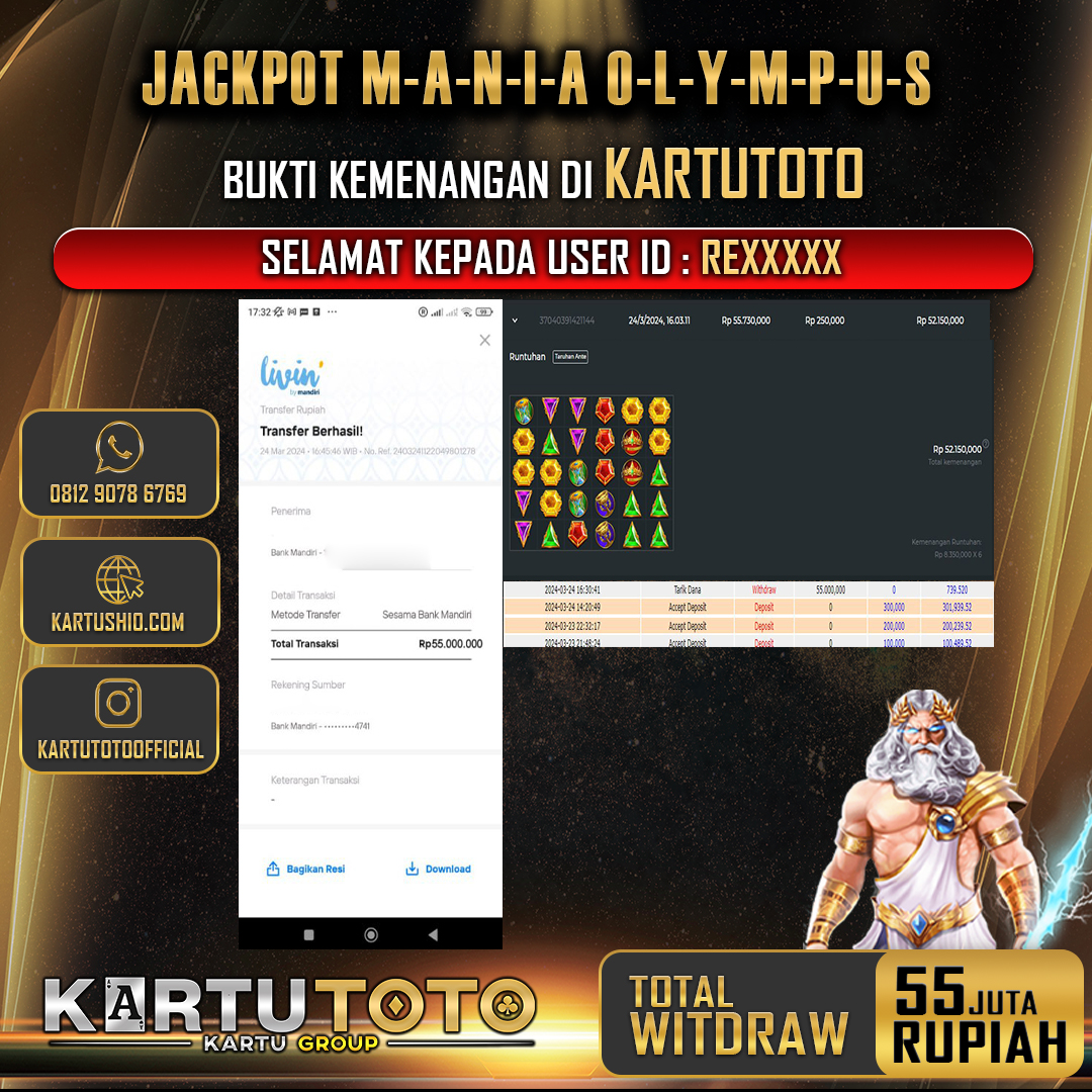 KARTUTOTO JACKPOT SLOT OLYMPUS MANIA Rp. 55.000.000,-  LUNAS 