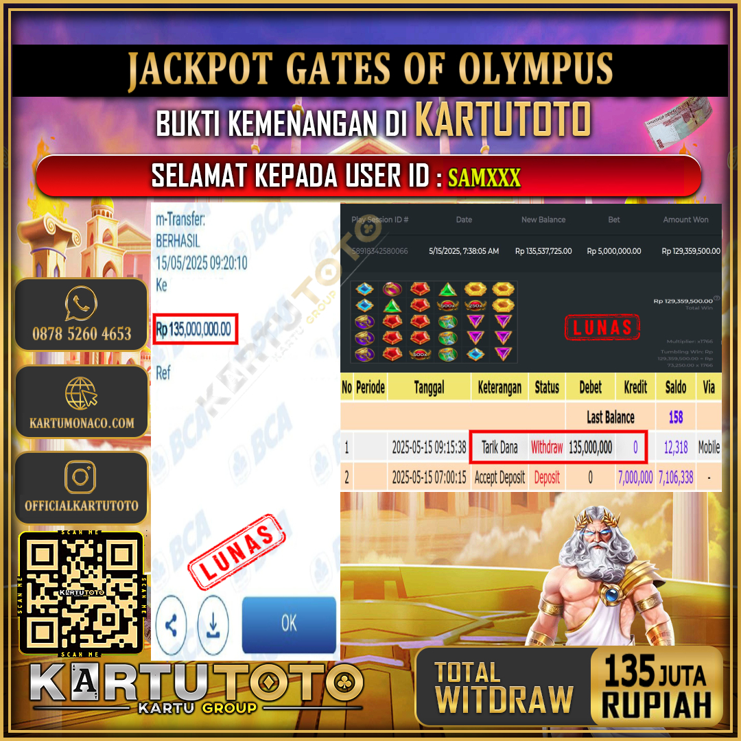 KARTUTOTO JACKPOT SLOT GATES OF OLYMPUS Rp.135.000.000,- LUNAS USER ID : SAM***