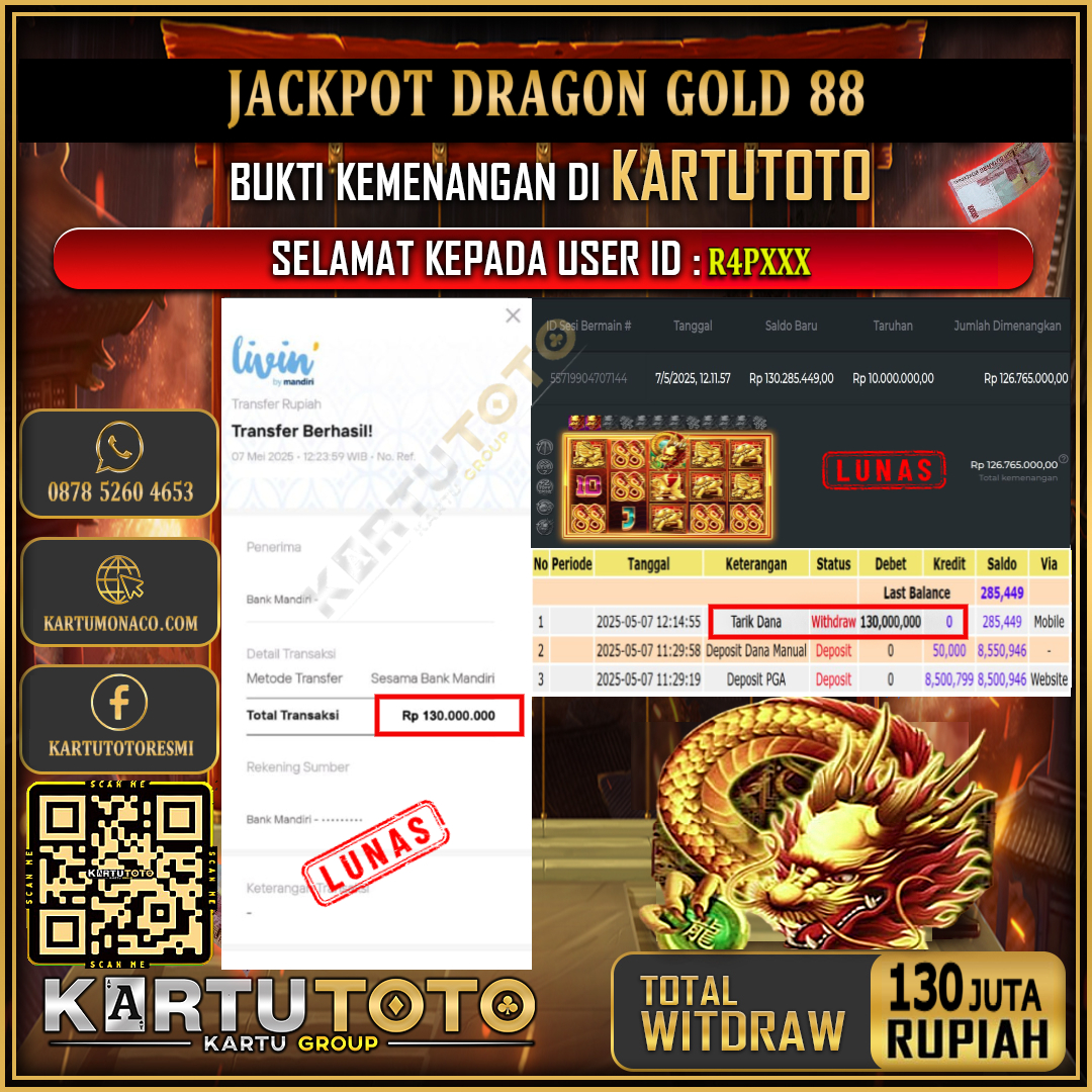 KARTUTOTO JACKPOT SLOT DRAGON GOLD 88 Rp.130.000.000,- LUNAS USER ID : R4P***