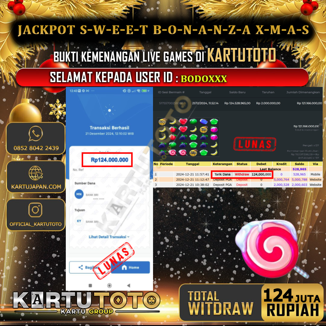 KARTUTOTO JACKPOT SLOT SWEET BONANZA XMAS Rp. 124.000.000,- LUNAS USER ID : BODO***