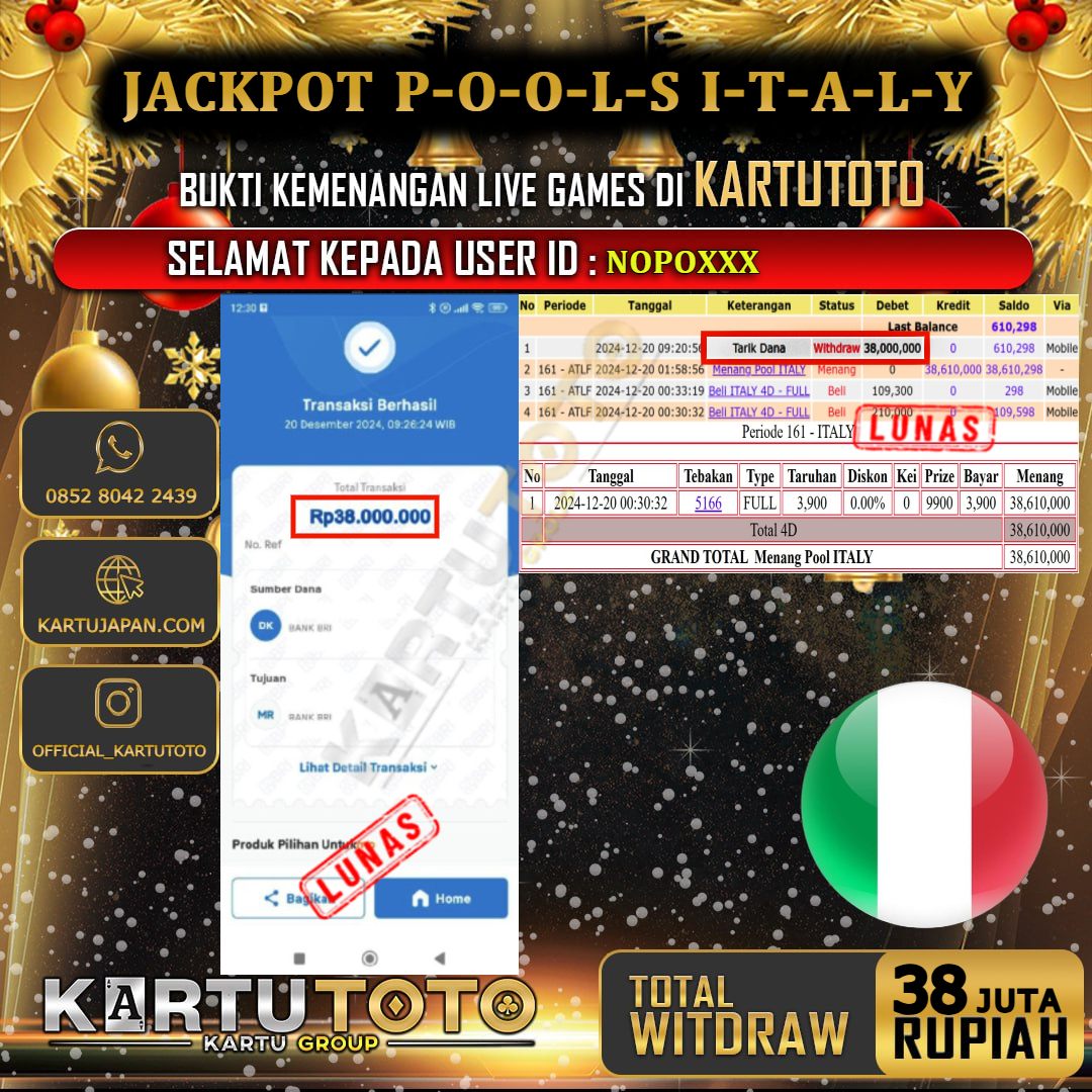 KARTUTOTO JACKPOT TOGEL ITALY Rp. 38.000.000,- LUNAS USER ID :   NOPO***