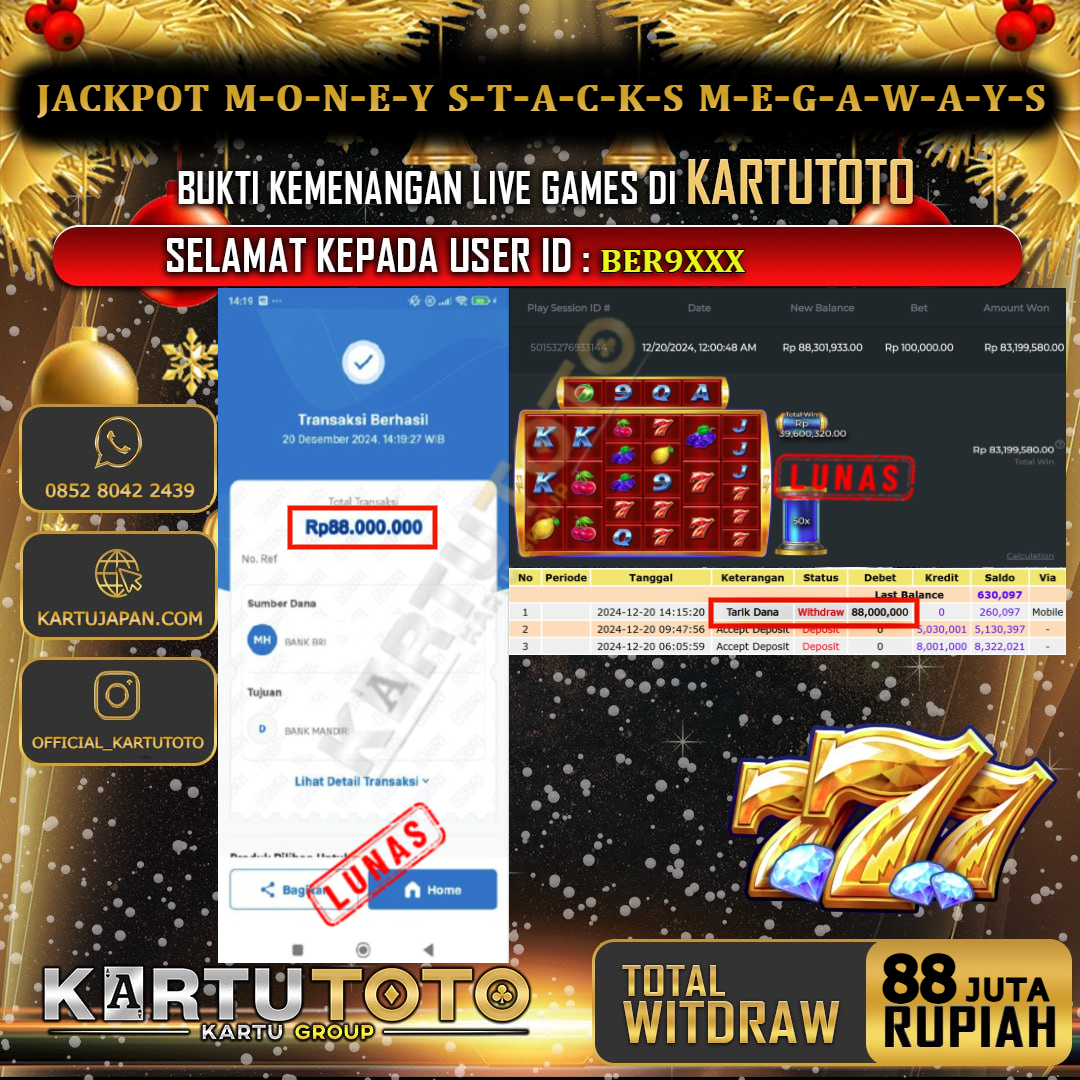 KARTUTOTO JACKPOT SLOT MONEY STACKS MEGAWAYS Rp. 88.000.000,- LUNAS USER ID : BER9***