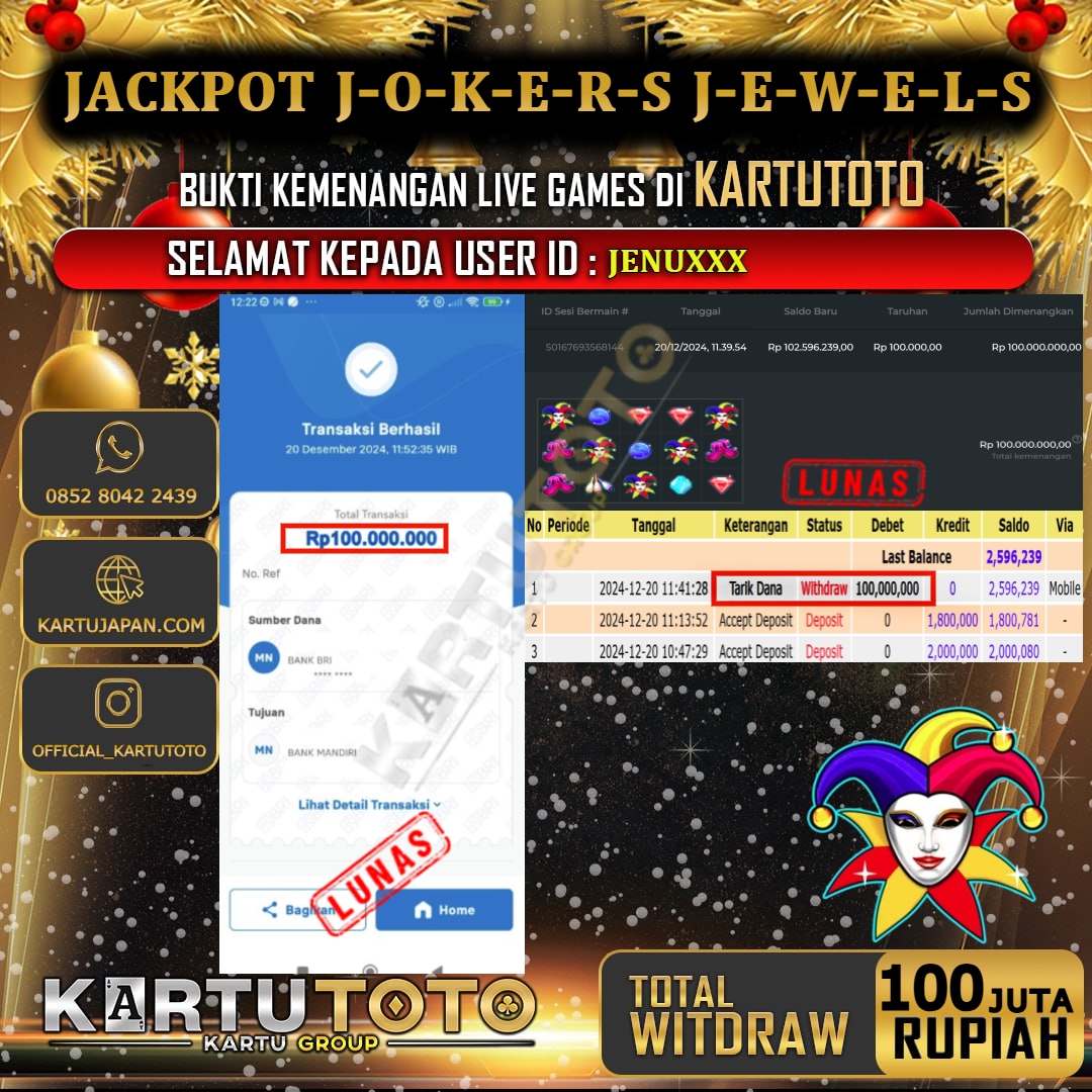 KARTUTOTO JACKPOT SLOT JOKERS JEWELS Rp. 100.000.000,- LUNAS USER ID :  JENU***