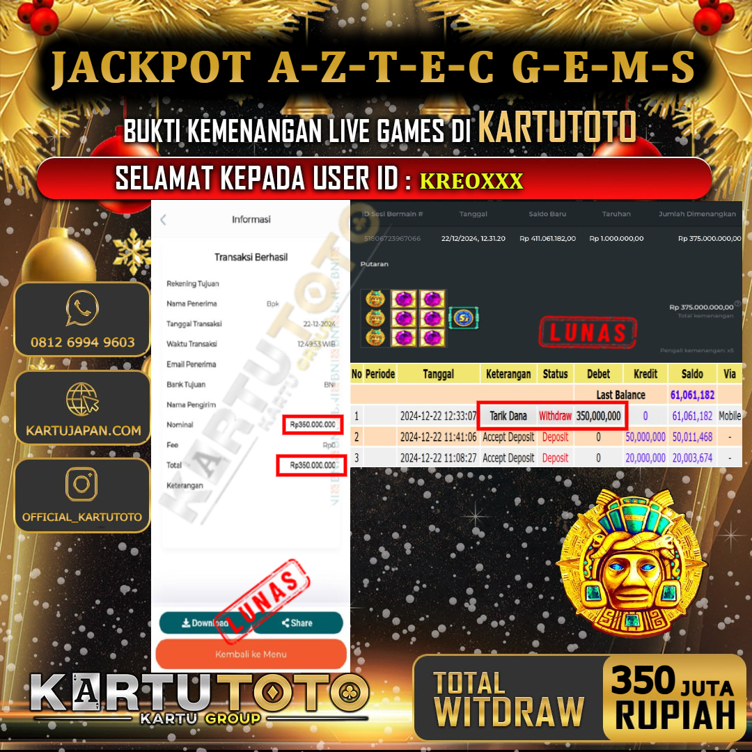 KARTUTOTO JACKPOT SLOT AZTEC GEMS Rp. 350.000.000,- LUNAS USER ID : KREO***